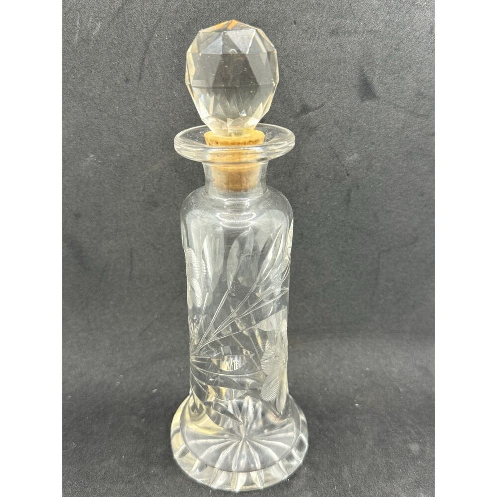 Vintage Ornate Glass Perfume Bottle- Etched Glass Floral Pattern W Cork BEAUTY